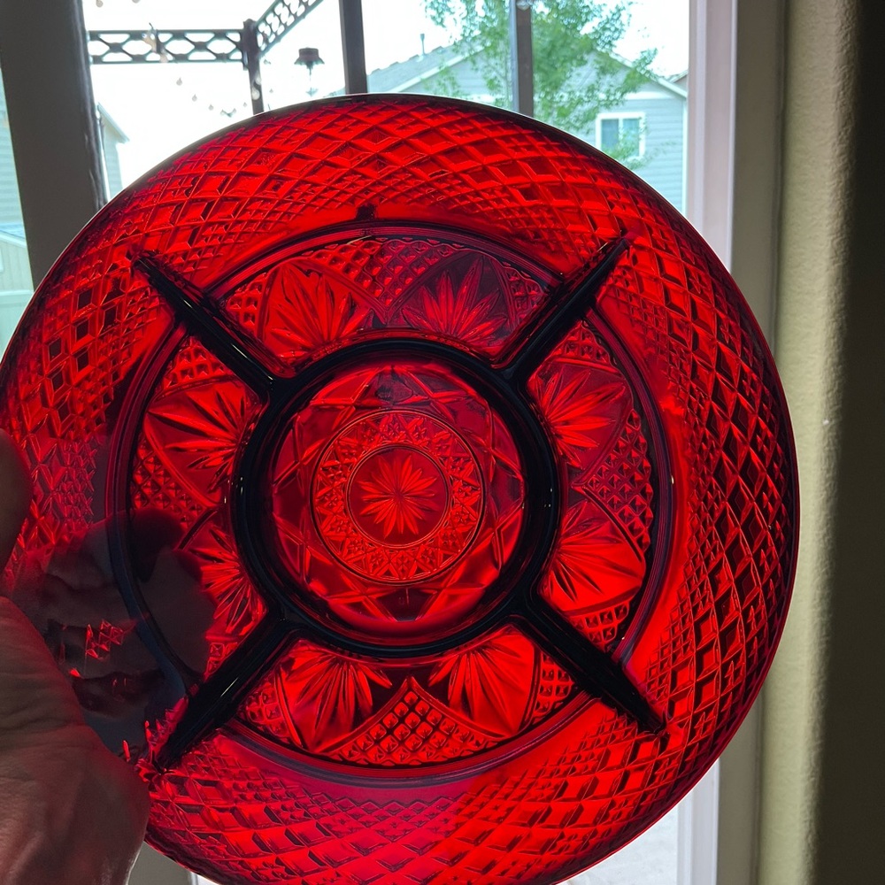 Vintage Ruby Red Pressed Glass 11” Oversized 4 Rest Cigarette Cigar Ashtray MCM